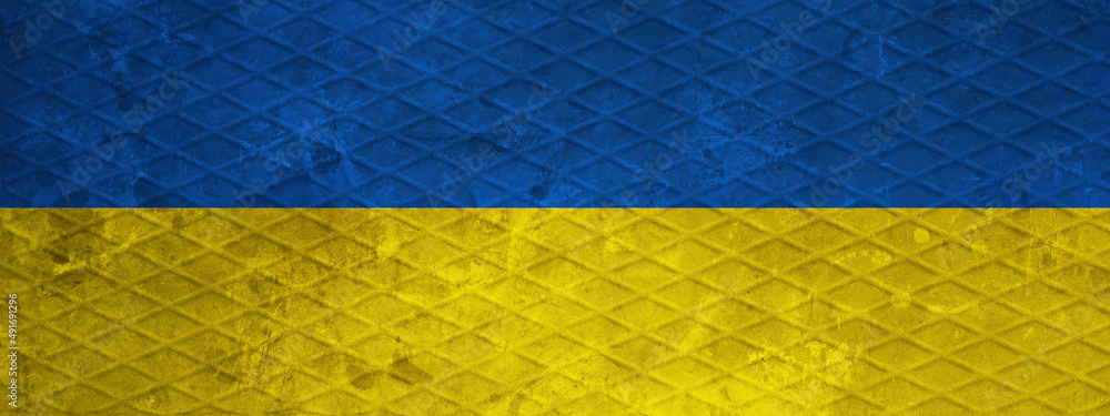Ukrainian flag background banner panorama - Old rustic damaged concrete stone wall texture background, painted in the colors of the flag of Ukraine Ukrainian flag background banner panorama - Old rustic damaged concrete stone wall texture background, painted in the colors of the flag of Ukraine