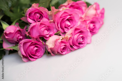 Bouquet of pink roses on white background. Flower background. Mothers Day  Wedding and Birthday concept.