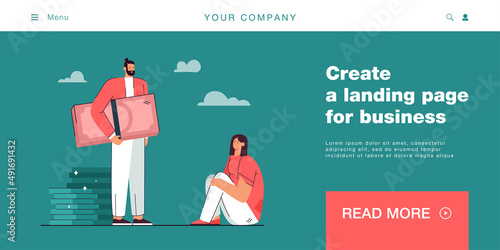 Rich guy and poor girl vector illustration. Young businessman with cash and coins and poor woman in shabby clothes. Business, money, wealth, poverty concept for banner, website design or landing page