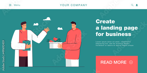 Volunteer giving food donation to happy man doctor. Caring guy bringing donating vegetables to medical institution or hospital. Charity, humanitarian aid. Flat vector illustration.