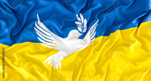 Fotografia Ukrainian flag with peace symbol, dove with olive tree.