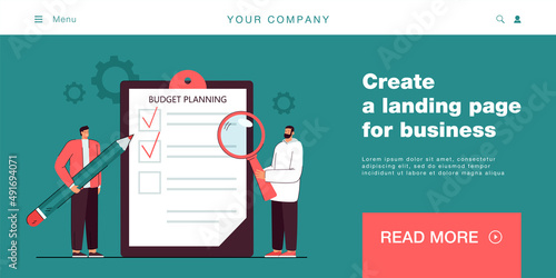 Tiny cartoon business partners planning budget. Businessmen analyzing document, financial management flat vector illustration. Finances, budget concept for banner, website design or landing web page