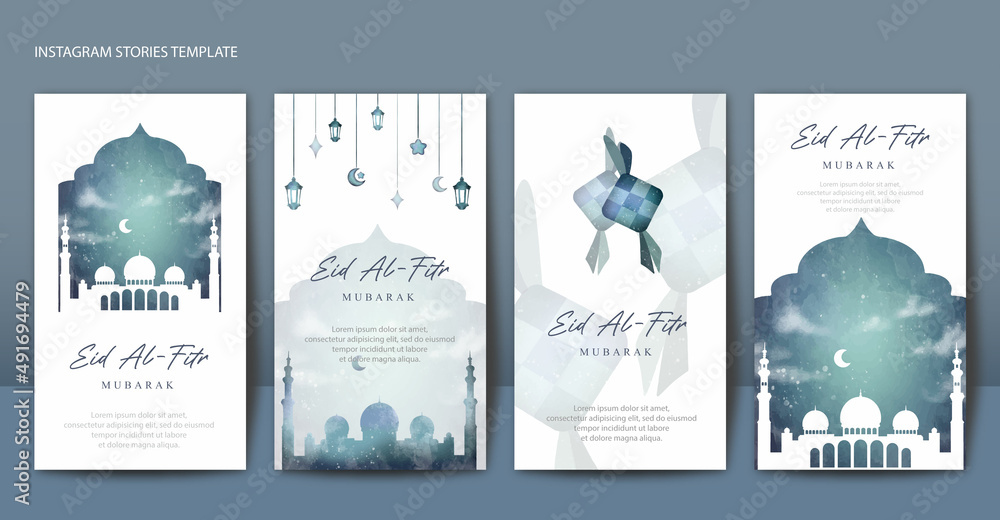 Watercolor Illustration Eid Al Fitr Instagram Stories Template Collection