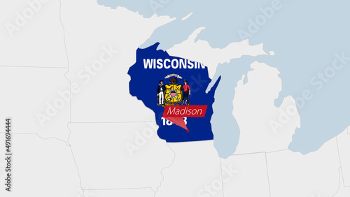 US State Wisconsin map highlighted in Wisconsin flag colors and pin of country capital Madison.