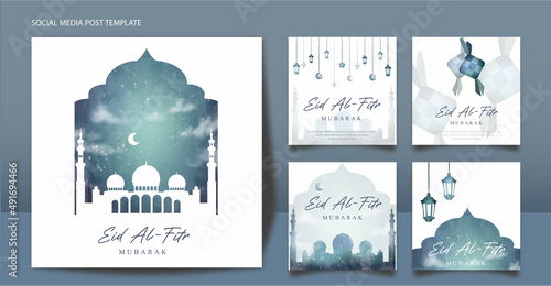 Watercolor Illustration Ied Al Fitr Social Media Template Collection