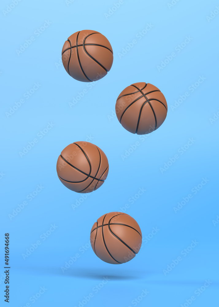 Many basketballs are falling on a bright blue background with copy space. Minimal creative sports concept. 3d rendering 3d illustration