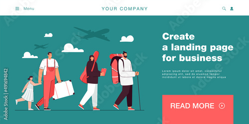 Queue of cartoon people with baggage in airport. Father and daughter, woman and man arriving to destination flat vector illustration. Traveling, vacation concept for website design or landing web page
