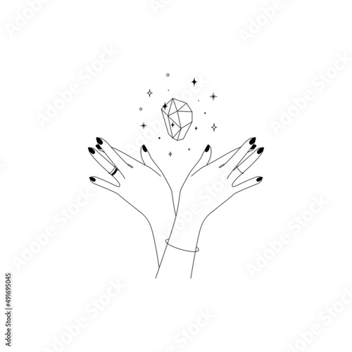 Magic hands with healing crystal in trendy linear minimal style. Logo and icons design template for cosmetics or beauty products and packaging branding name. Doodle vector illustration