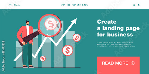 Young financier researching market flat vector illustration. Businessman studying statistics with huge magnifying glass on background of graphic. Analytics, profit, currency concept for banner design
