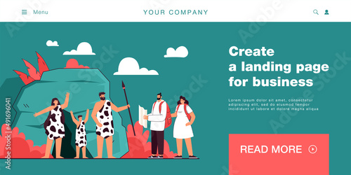 Modern people meetings flat vector illustration. Surprised modern humans meeting native people wearing animal skins. Wildlife, tourism, concept for banner, website design or landing web page