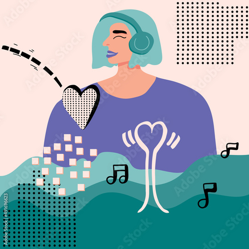 Abstract woman with headphones listening to music. Hearts, notes, dots. Vector trendy illustration. Favorite melody, song or audiobook. Ideal for good mood, rest