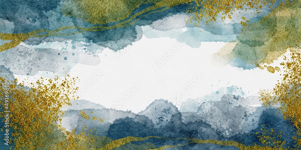 Hand Drawing Watercolor Blue background with golden spalsh and lines. Copyspace for your text. Use for poster, business card and wedding invitation