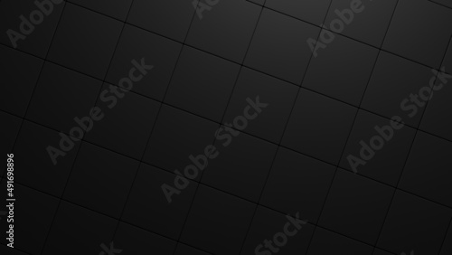 3d rendering of dark background image with slanting geometric square structures in black and gray tones lightened by a light source positioned above it