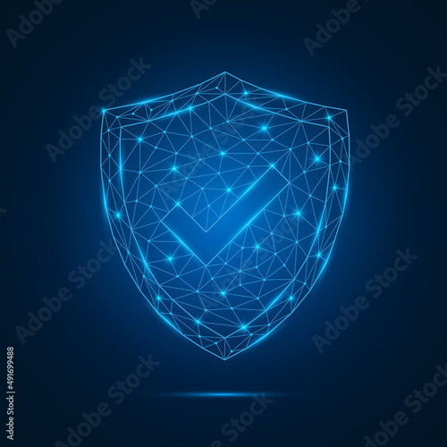 Futuristic glowing low polygonal security guard shield with check mark symbol. Antivirus sign with connection lighting dots. Cyber protection of safe concept. Vector isolated on dark blue background.