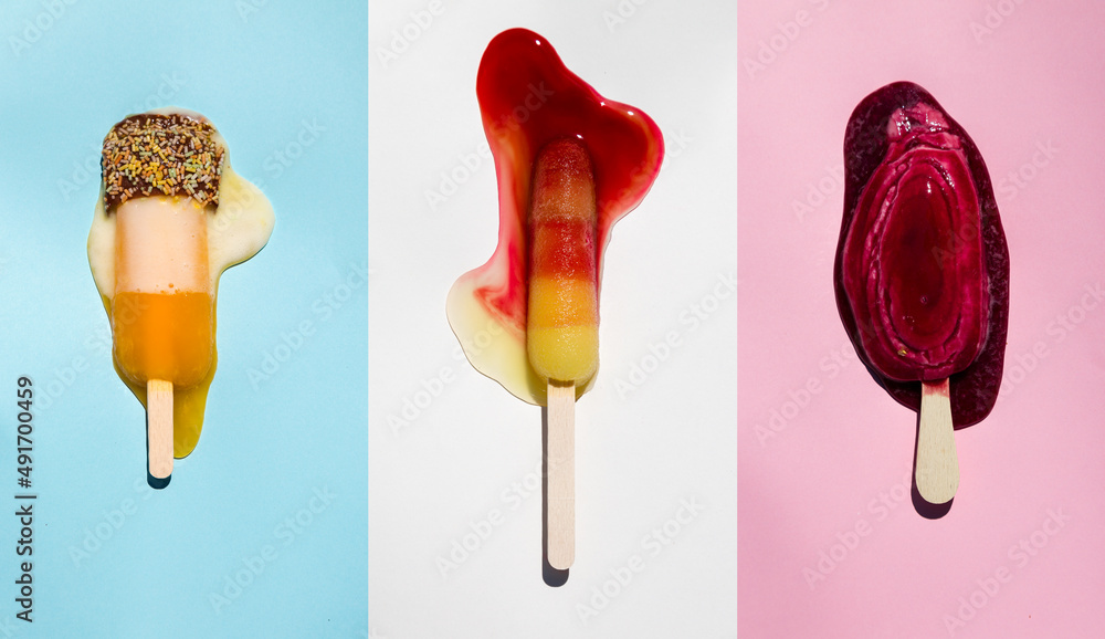 Αυτοκόλλητο A triptych of melting ice lollies on a Neapolitan background