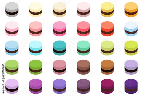 Chocolate-Filled Macaroons icon set. Vector illustration. Hand-drawn macarons set on the white background.