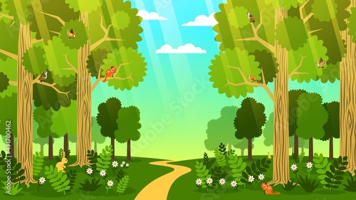 Fototapeta Naklejka Na Ścianę i Meble -  Road through the forest cartoon landscape. Cartoon forest with path among the trees. Vector image.