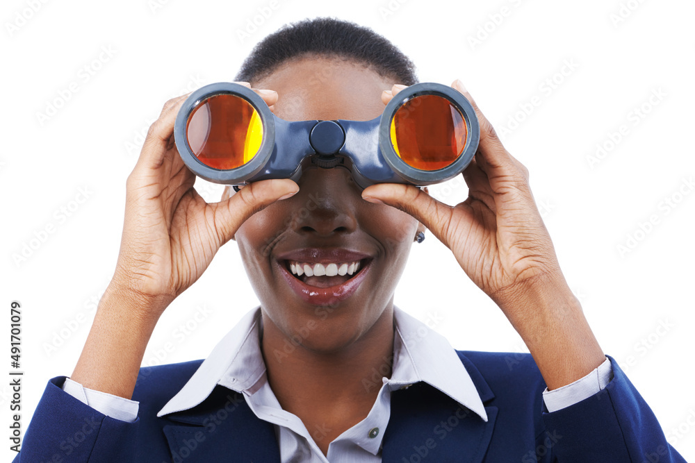 Success is on the horizon. Shot of a young african american businesswoman holding binoculars. Success is on the horizon. Shot of a young african american businesswoman holding binoculars.