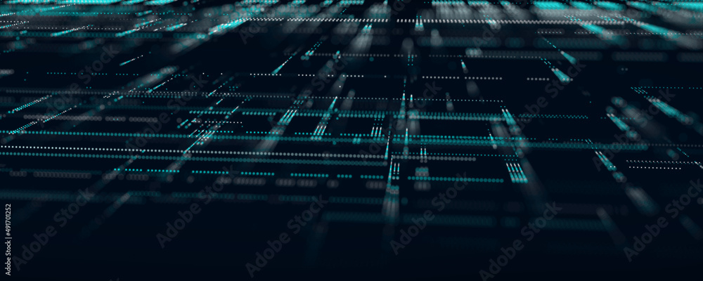 Abstract cyberpunk background of particles. Blue grid on dark background. Abstract technology shape . 3d wireframe landscape. Perspective. 3d rendering