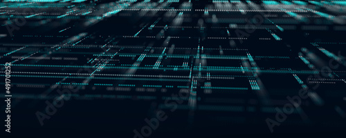 Abstract cyberpunk background of particles. Blue grid on dark background. Abstract technology shape . 3d wireframe landscape. Perspective. 3d rendering