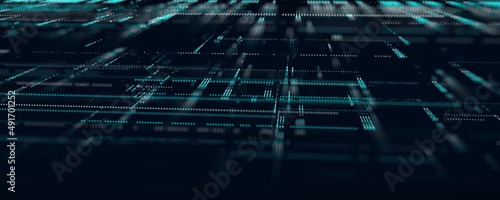 Abstract cyberpunk background of particles. Blue grid on dark background. Abstract technology shape . 3d wireframe landscape. Perspective. 3d rendering