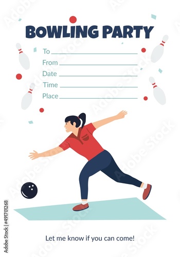Vector bowling party invitation with a woman dressed in sports apparel playing bowling hand drawn cartoon illustration