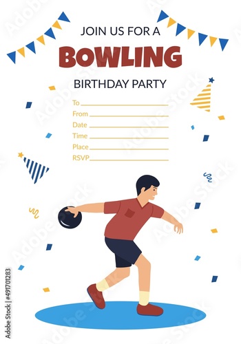 Vector bowling party poster with a boy playing bowling hand drawn cartoon illustration
