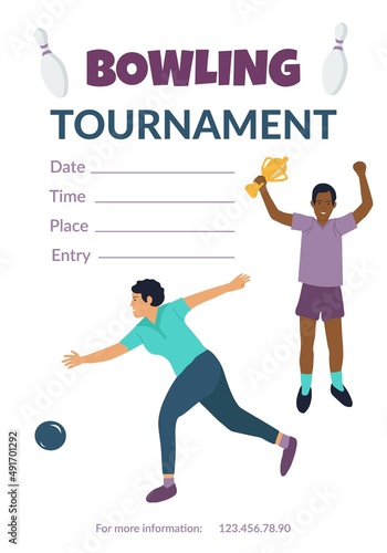 Vector bowling tournament invitation with man and woman playing bowling hand drawn cartoon illustration