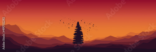pine tree silhouette at mountain landscape flat design vector illustration good for wallpaper, background, backdrop, banner, tourism and design template