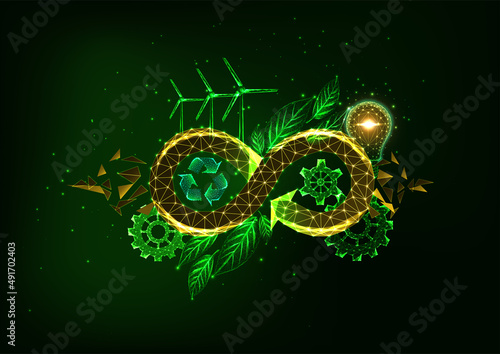 Futuristic circular economy concept with glowing low polygonal infinity loop, windmill, recycle sign