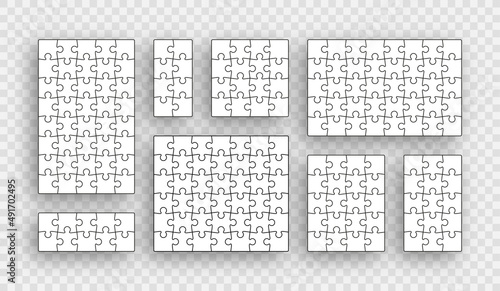 Puzzle pieces set. Jigsaw outline grids. Scheme of thinking game. Modern backgrounds with mosaic shapes. Cutting template with separate details. Simple frame tiles. Vector illustration.