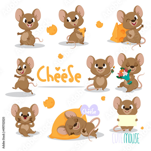 Cute vector mouse character set in cartoon style. Postcard. Children's poster. Children's print.