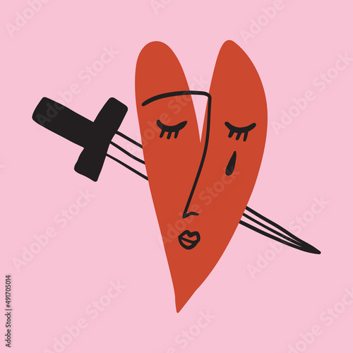 Funky ugly Valentines heart, bloody knife. Boho doodle modern print funny handdrawn childish art. Vector EPS and JPG.