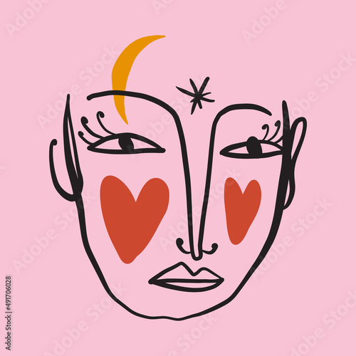 Valentines abstract face heart, groovy cute comic character. Boho doodle modern print funny handdrawn childish art. Vector EPS and JPG.