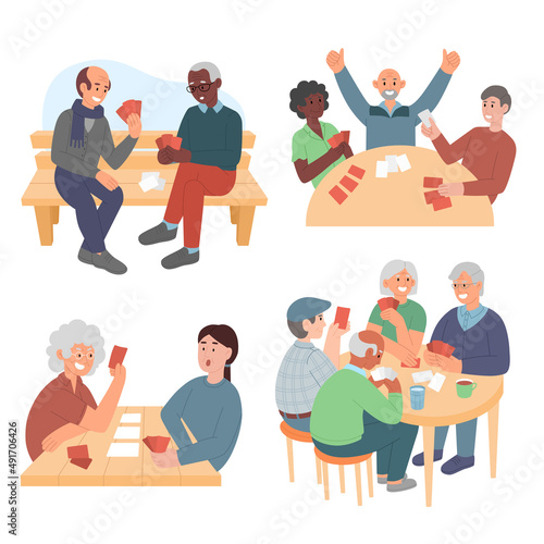 Old people playing cards. Set of isolated vector illustration with active pensioner.  Entertainment adult people. Old woman and men are happy to win. 