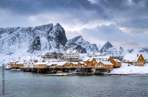 Beautiful winter Norway landscape - lofoten islands - Sakrisoy village