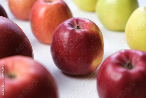 Green and red apples close up. Juicy fruits. Useful snack. Vegetarian food. Delicious, healthy snack. Vitamins, microelements. Fat burning. copy space
