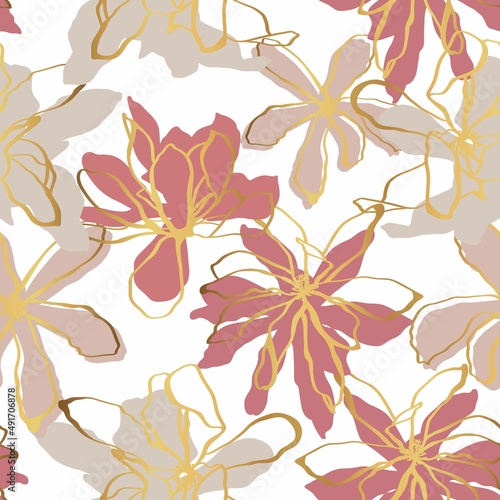 Line exotic abstract golden magnolia flowers illustration pattern. Contemporary floral seamless pattern. Fashionable template for design. Abstract floral pattern.