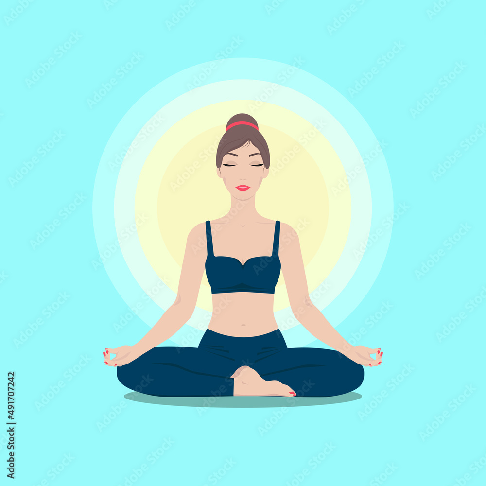 Young woman in lotus position practicing yoga, meditating .Sunrise background. Color vector illustration in flat style.