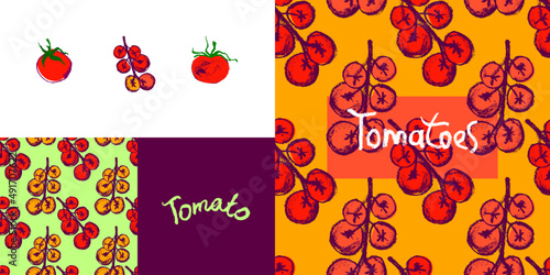 Vector set of design elements with Cherry tomatoes seamless pattern for label tomato paste, agro logo, tomato juice packaging. Hand-drawn vegetarian symbol. Organic vegetable background. Vegan sign.