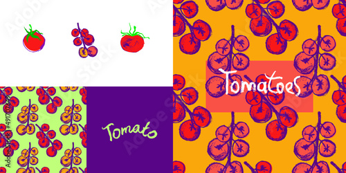 Vector set of design elements with Cherry tomatoes seamless pattern for label tomato paste, agro logo, tomato juice packaging. Hand-drawn vegetarian symbol. Organic vegetable background. Vegan sign.