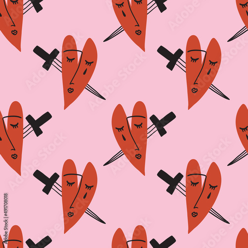 Seamless pattern funky ugly Valentines heart, bloody knife. Boho doodle modern print funny handdrawn childish art. Vector EPS and JPG.