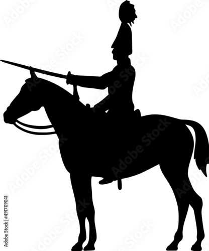 Silhouette of a horseman with a saber. The military cavalry is attacking. Soldier of the Napoleonic War	