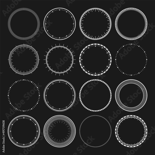 Mechanical clock faces, bezel. White watch dial with minute and hour marks. Timer or stopwatch element. Blank measuring circle scale with divisions. Vector illustration.