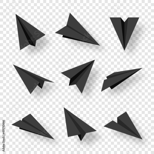 Realistic black handmade paper planes isolated on transparent background. Origami aircraft in flat style. Vector illustration.