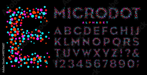 Microdot is an alphabet built of multicolored neon hued dots.