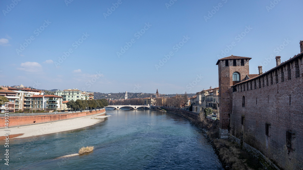 Images of the city of Verona in Italy. Classic buildings, bridges over the Adige river and churches of the city.