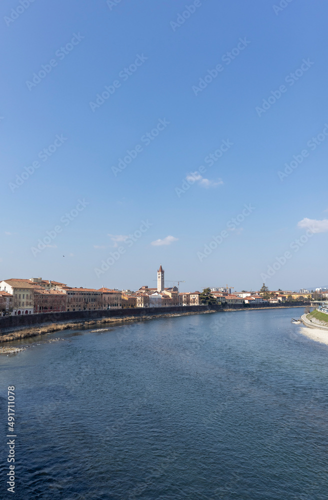 Fototapeta premium Images of the city of Verona in Italy. Classic buildings, bridges over the Adige river and churches of the city.