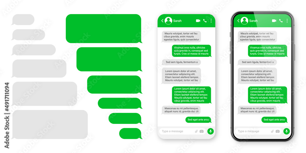 Realistic smartphone with messaging app. Blank SMS text frame. Conversation chat screen with green message bubbles. Social media application. Vector illustration. Realistic smartphone with messaging app. Blank SMS text frame. Conversation chat screen with green message bubbles. Social media application. Vector illustration.