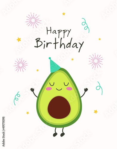 greeting card with cartoon avocado, vector illustration
